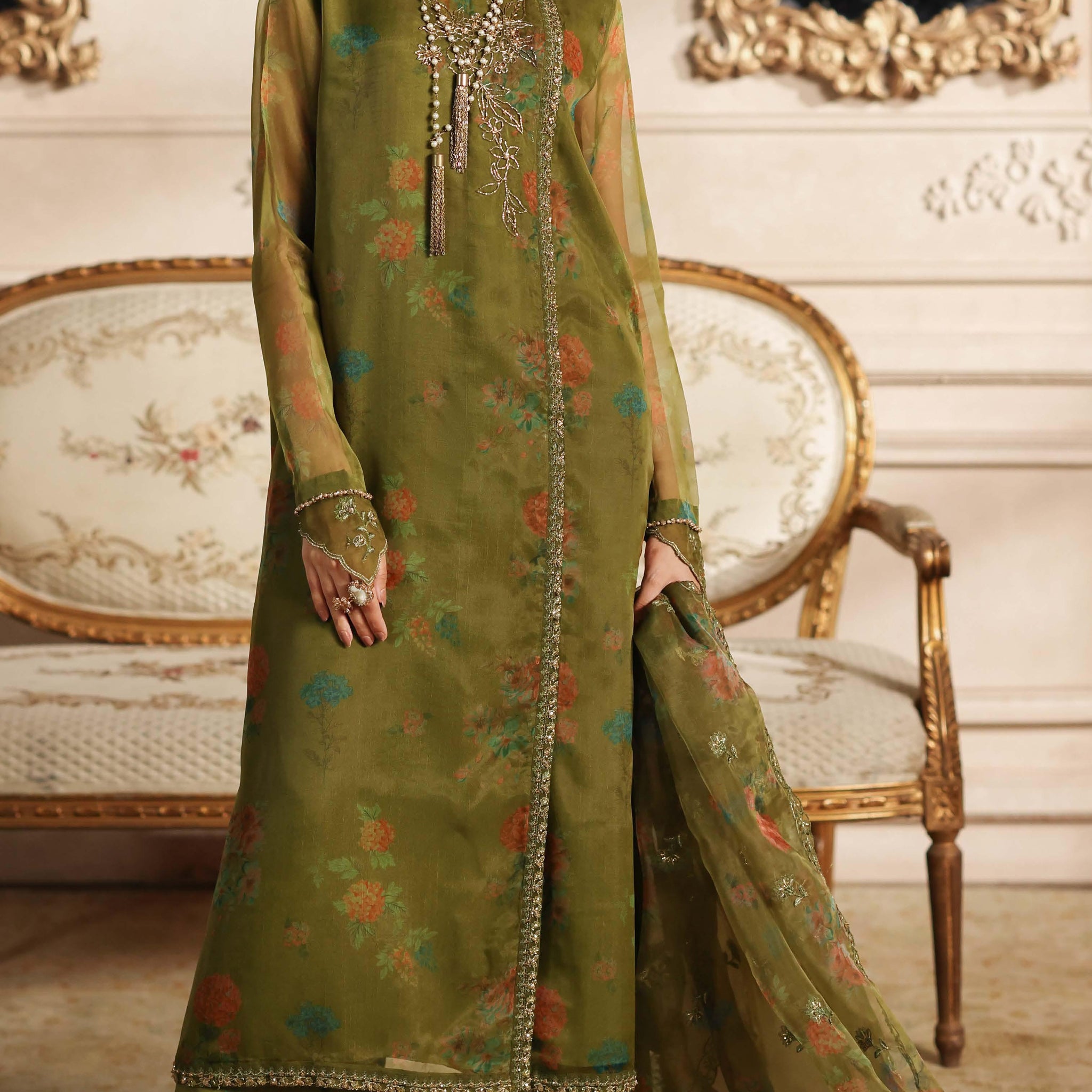 3-PC Embroidered Organza Shirt with Embroidered Organza Dupatta and Trouser CMA-4-075